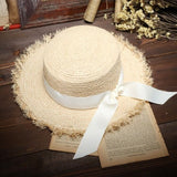 Luna&Dolphin Women Summer Beach Raffia Black White Ribbon Hat Bow Raffia Hat Temperament Flat Straw Hats Women's Sea Beach Hat