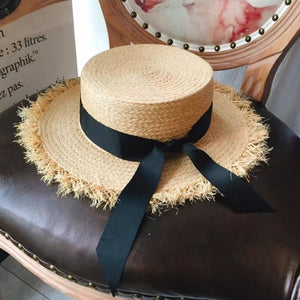 Luna&Dolphin Women Summer Beach Raffia Black White Ribbon Hat Bow Raffia Hat Temperament Flat Straw Hats Women's Sea Beach Hat