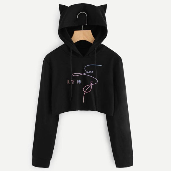 BTS Album Love Yourself Tear Fake Love Kpop Long Sleeve Cropped Hoodies Sweatshirt Women Cat Hooded Pullover Crop Tops Clothes