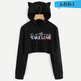 BTS Album Love Yourself Tear Fake Love Kpop Long Sleeve Cropped Hoodies Sweatshirt Women Cat Hooded Pullover Crop Tops Clothes