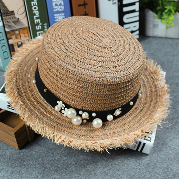 Daisy Flower Leather Buckle Rivet Fringed Brim Flat Top Straw Hat Summer Spring women Trip Caps Leisure Beach Sun Hats