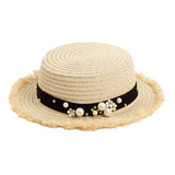 Daisy Flower Leather Buckle Rivet Fringed Brim Flat Top Straw Hat Summer Spring women Trip Caps Leisure Beach Sun Hats