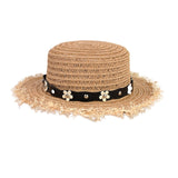 Daisy Flower Leather Buckle Rivet Fringed Brim Flat Top Straw Hat Summer Spring women Trip Caps Leisure Beach Sun Hats