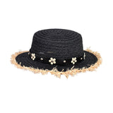 Daisy Flower Leather Buckle Rivet Fringed Brim Flat Top Straw Hat Summer Spring women Trip Caps Leisure Beach Sun Hats