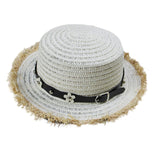 Daisy Flower Leather Buckle Rivet Fringed Brim Flat Top Straw Hat Summer Spring women Trip Caps Leisure Beach Sun Hats