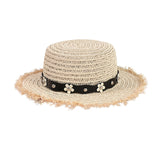 Daisy Flower Leather Buckle Rivet Fringed Brim Flat Top Straw Hat Summer Spring women Trip Caps Leisure Beach Sun Hats