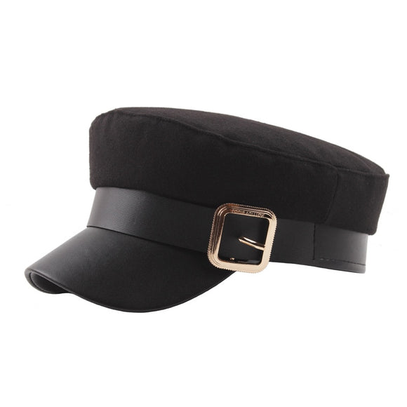 Metal Buckle Newboys Cap Solid Color Wool Flat Navy Hat Autumn Winter Warm Visor Military Hat Street Style Beret Caps